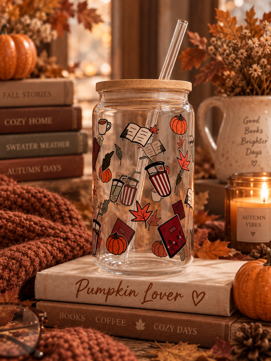 Fall Bookish Glass Tumbler 500ml – Pumpkins & Books