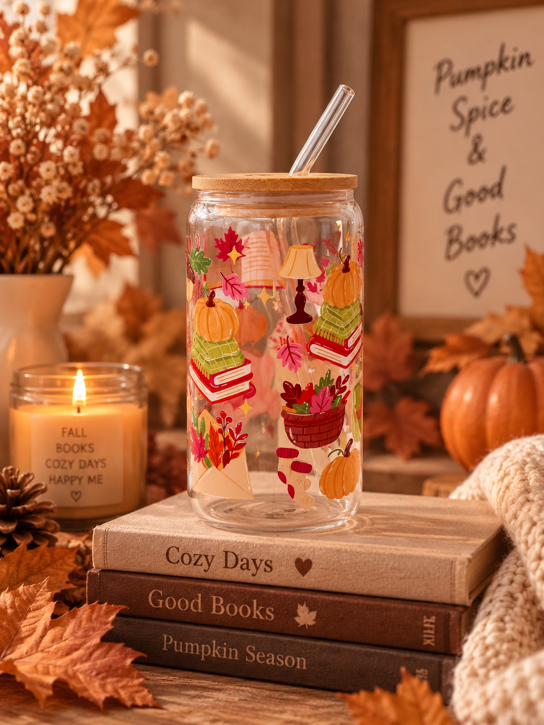 Fall Bookish Glass Tumbler 500ml – Cute Fall