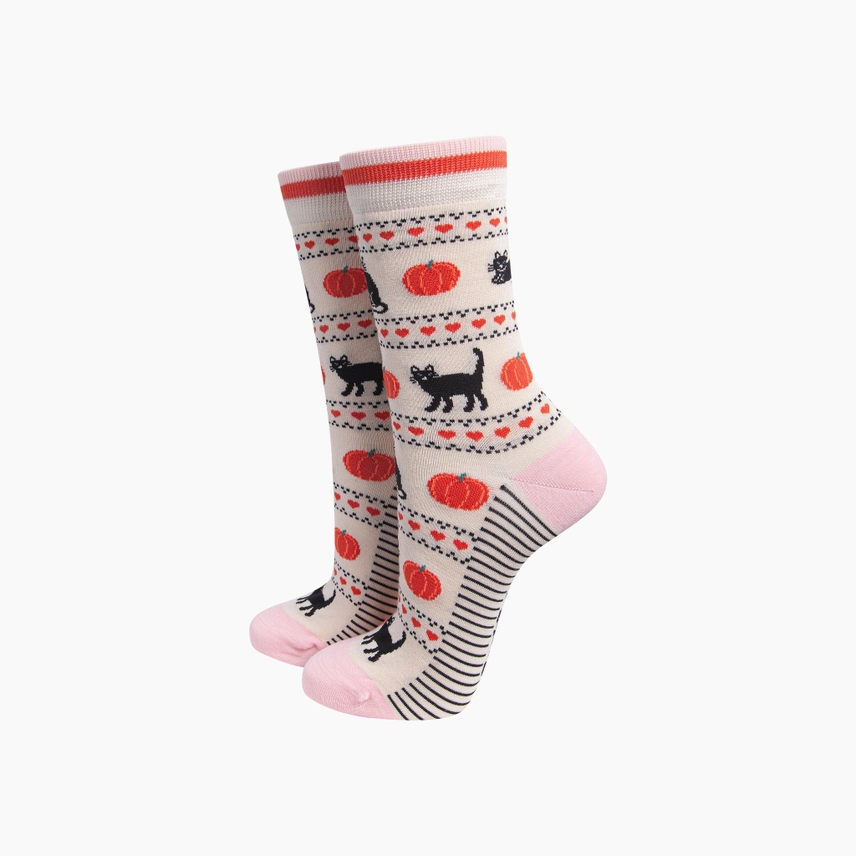 Γυναικείες Κάλτσες Bamboo Black Cat & Pumpkin – Cream | Sock Talk