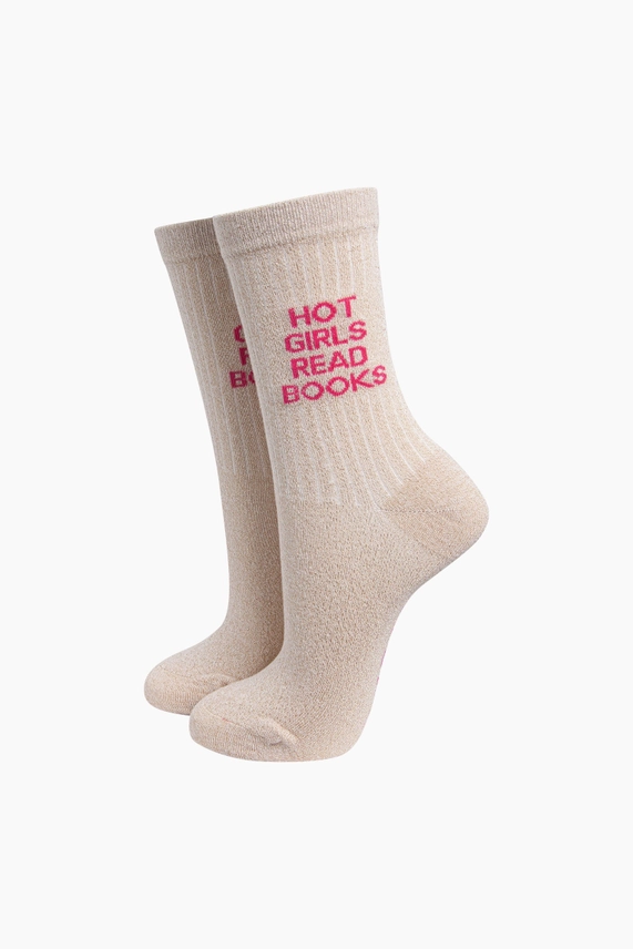 Γυναικείες Κάλτσες Hot Girls Read Books Glitter – Cream | Sock Talk
