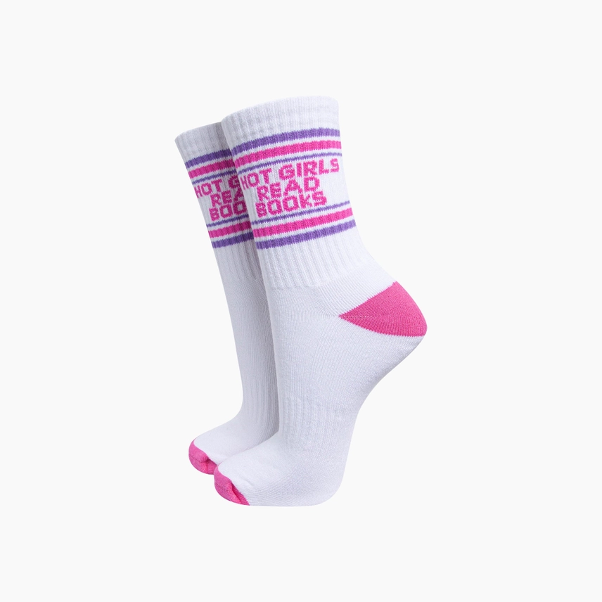 Γυναικείες Αθλητικές Κάλτσες Hot Girls Read Books – White/Pink | Sock Talk