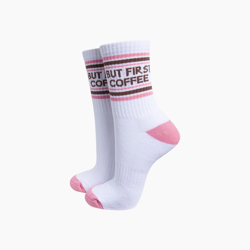 Γυναικείες Κάλτσες But First, Coffee – White/Pink | Sock Talk